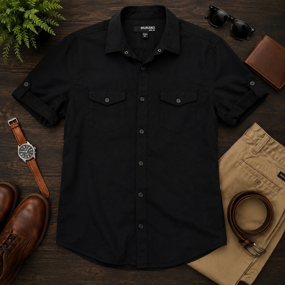 Murano black Slim Fit short sleeve utility pearl snap shirt cotton western XL